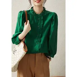 French Style Solid Colored Shirt with Wooden Ear Edge 3/4 Sleeve Cardigan 2023 Summer New Loose Fitting and Breathable Top