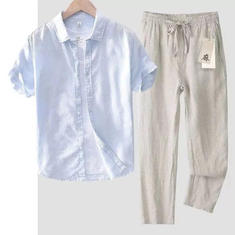 Lin Men Short Sleeve Shirt Cotton Lin Casual Loose Straight Leg Pants Two Piece Set Breathable Thin Summer Youth Outfit