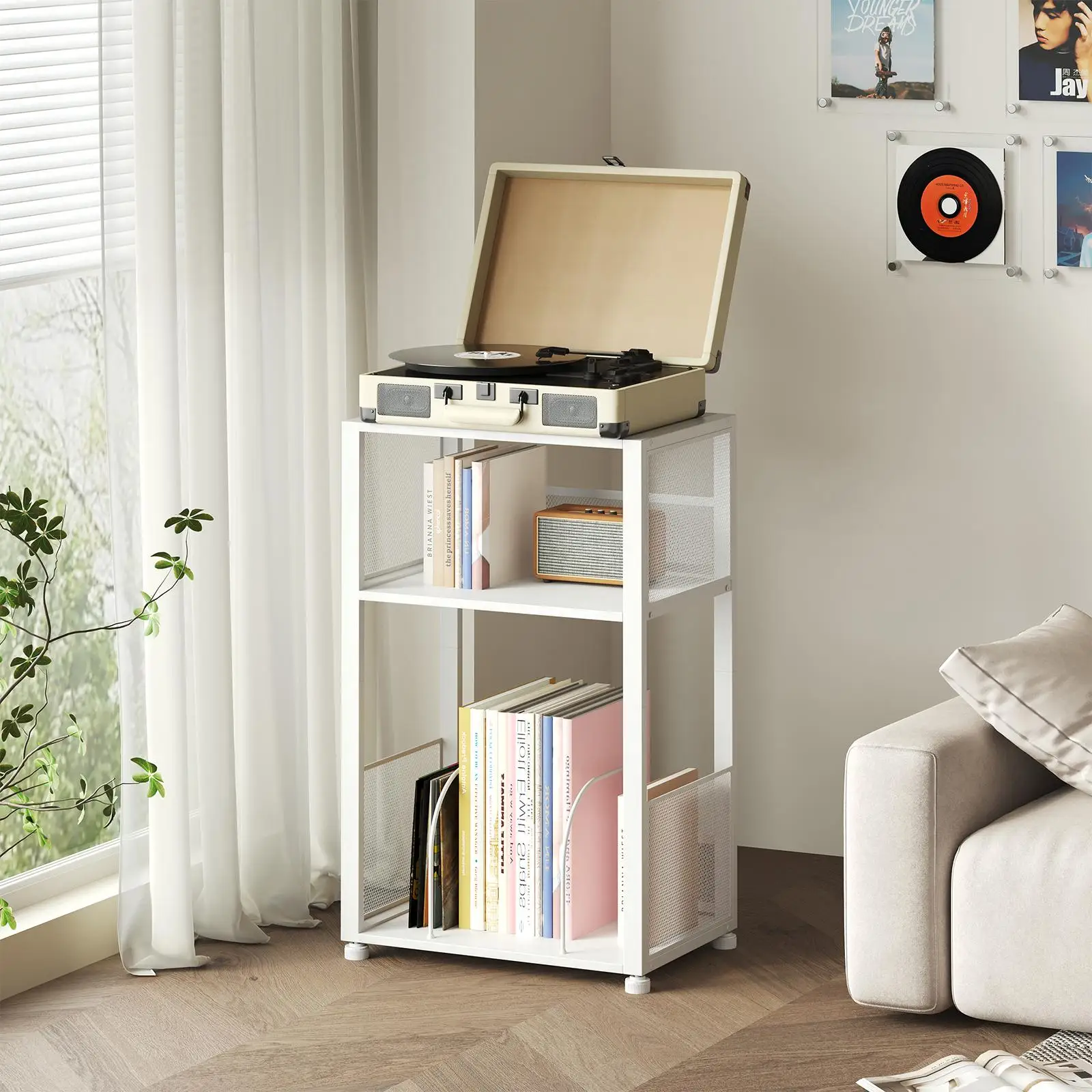 3-Tier Vinyl Record Player Stand with Album Storage Industrial Turntable Display Shelf Metal Frame Wood End Table Bedside Nightstand Home Organizer Audio Rack Furniture for Bedroom Living Room