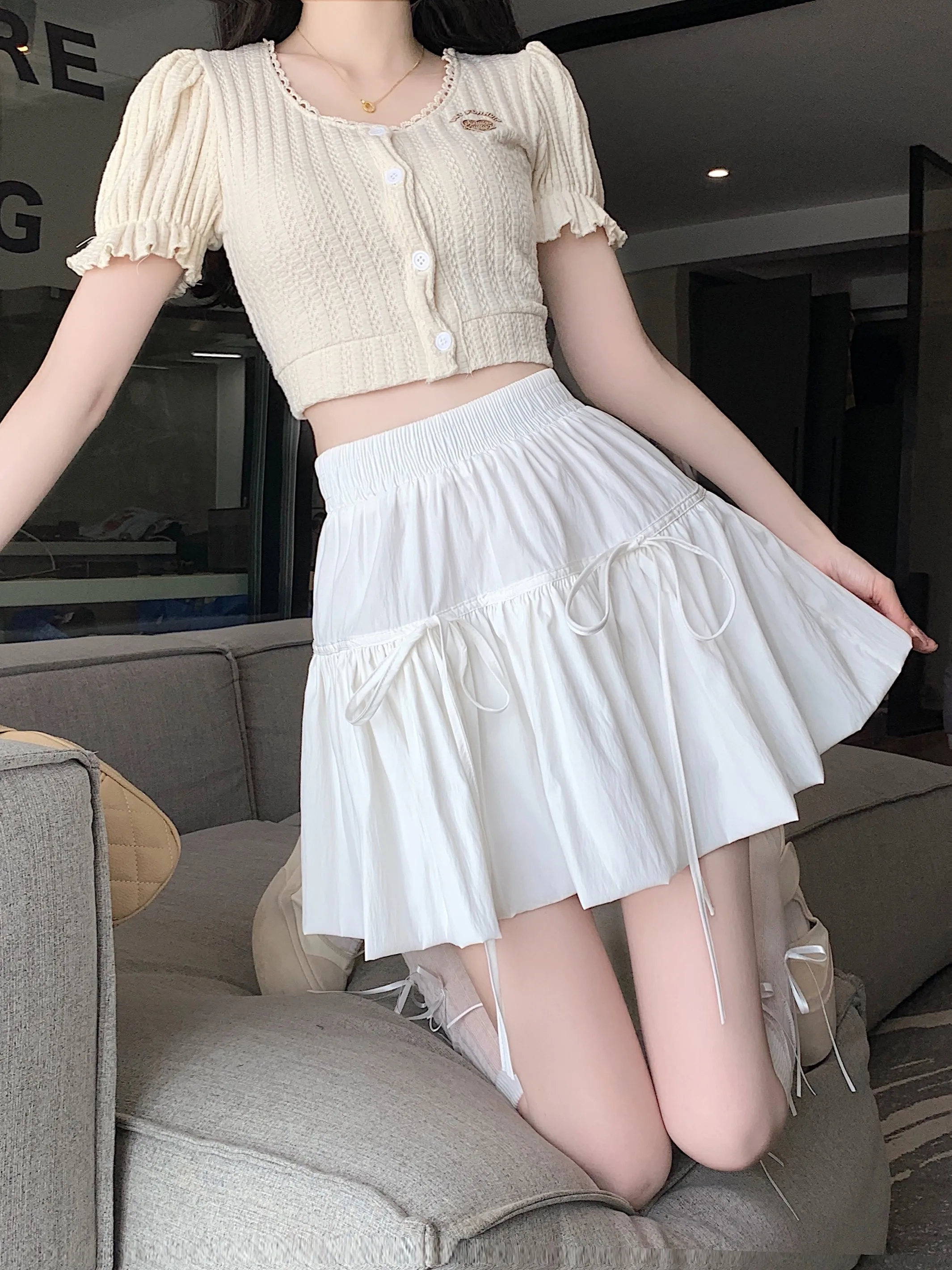 

Sweet Sle Bow Lace-up Puffy Skirts White Skirt Women's Summer Small A Word Short dress Flower Bud Skirt