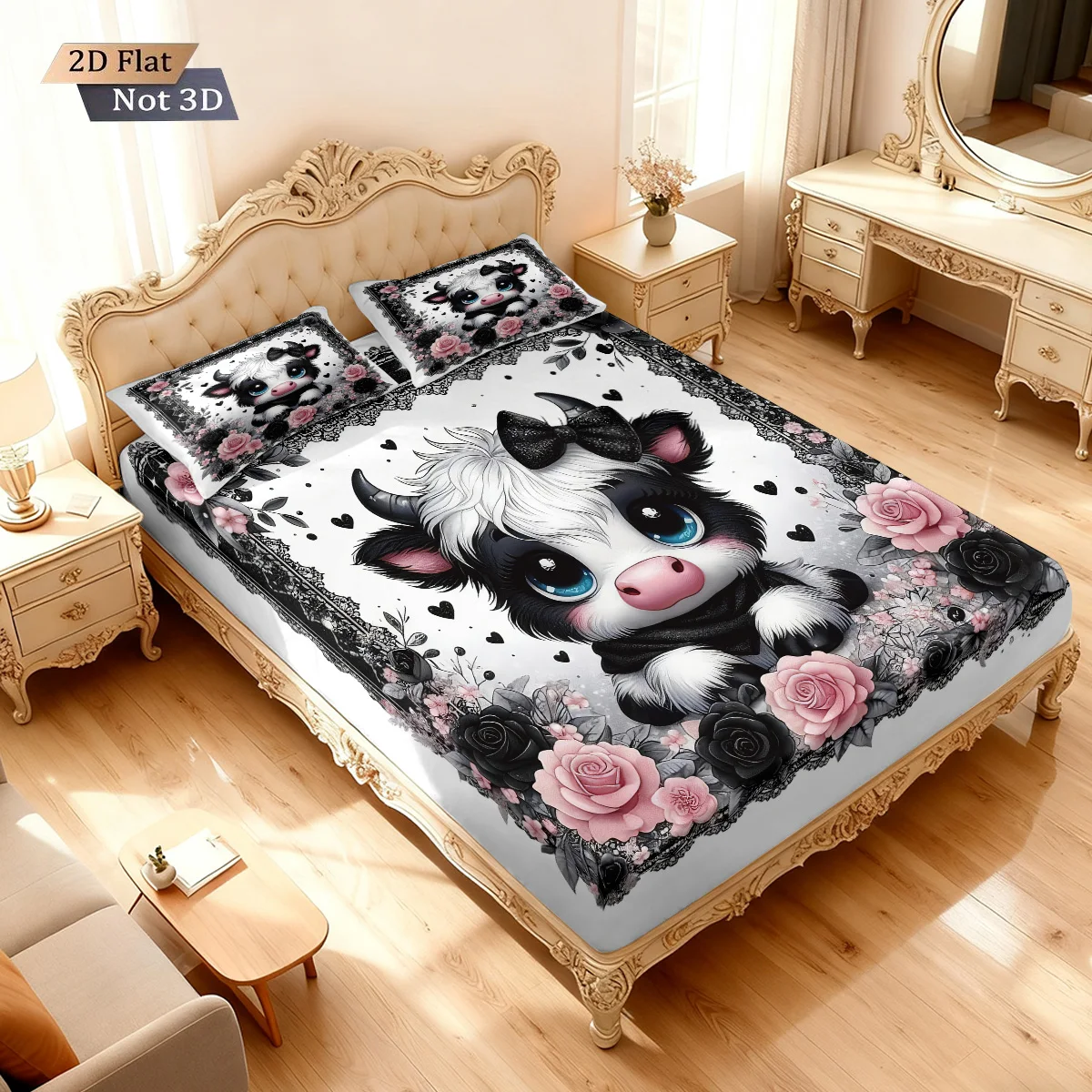 3 Valentine's Day Highland Cow Print Coreless Bed Sheet Set Multi Size Soft Bedcover Bedroom Bedding Decoration Machine Washable
