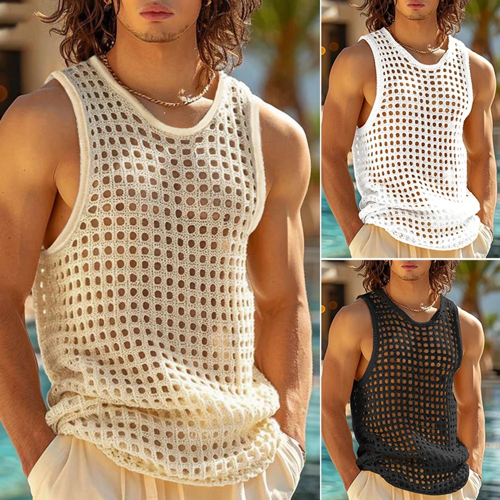 

Men Mesh Hollow Sexy Vests Male Transparent U-neck Sleeveless Tank Tops See Through Sports T Shirt