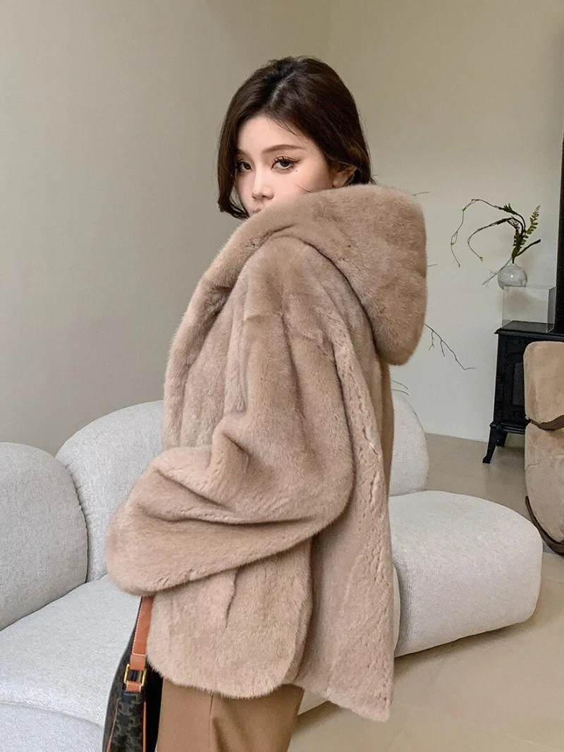 AYUSNUE Purple Gold Grade Velvet Mink Fur Coat Women Hooded Loose Oversized Full Pelt Genuine Mink Fur Clothing Winter Clothes