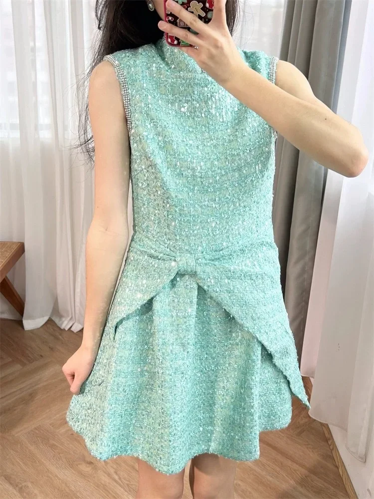 

Women's Fashion Elegant Summer New Chinese Diamond-Studded Waist Fold Sequin Standing Collar Sleeveless Skirt