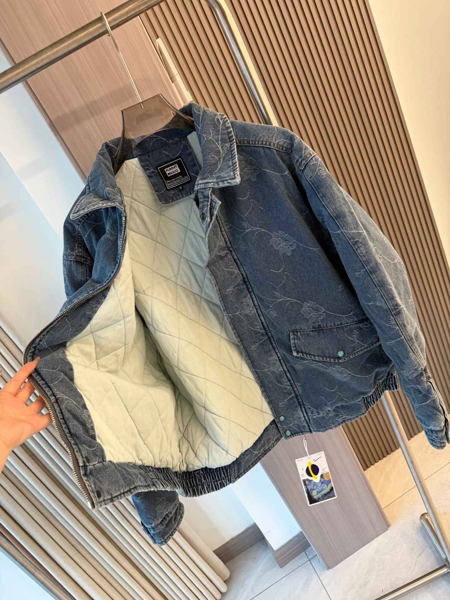 

American Sle Heavyweight Worn-In Floral Embroidery Autumn Winter Men's Loose Haome Thiened Quilted Cotton Denim Jaet