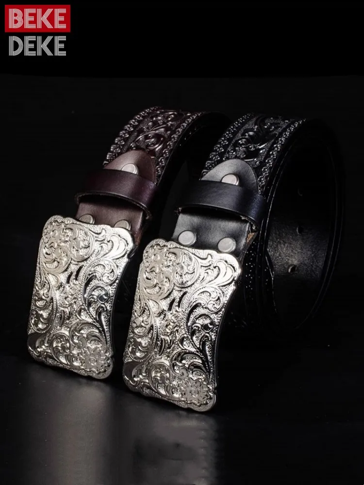 Handmade Vintage Ethnic Style Designer Carving Men Flat Buckle Belt Casual Waistband For Jeans Cow Split Leather Fashion Belt