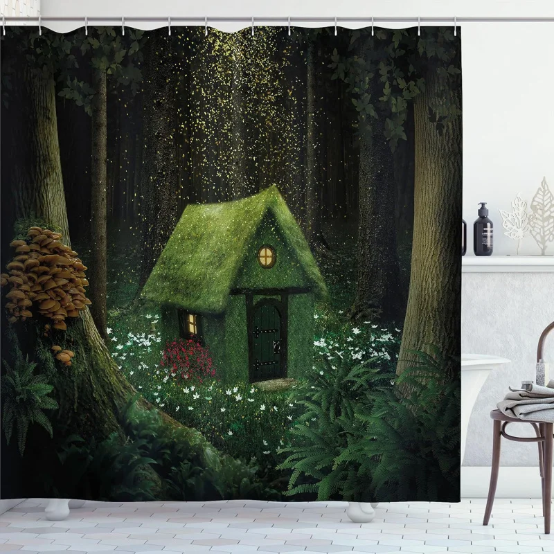 Dream Shower Curtain，Surreal Forest Terrier Bathroom Waterproof Fabric Home Decoration