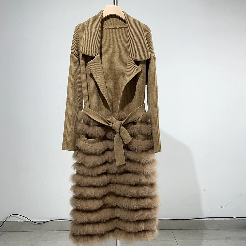 ZDFURS*2022 Women Real Fox Fur Knitting OverSize Loose Spring Fox Fur Strip Sewed  Decoration Lady's Long Sweater Coat