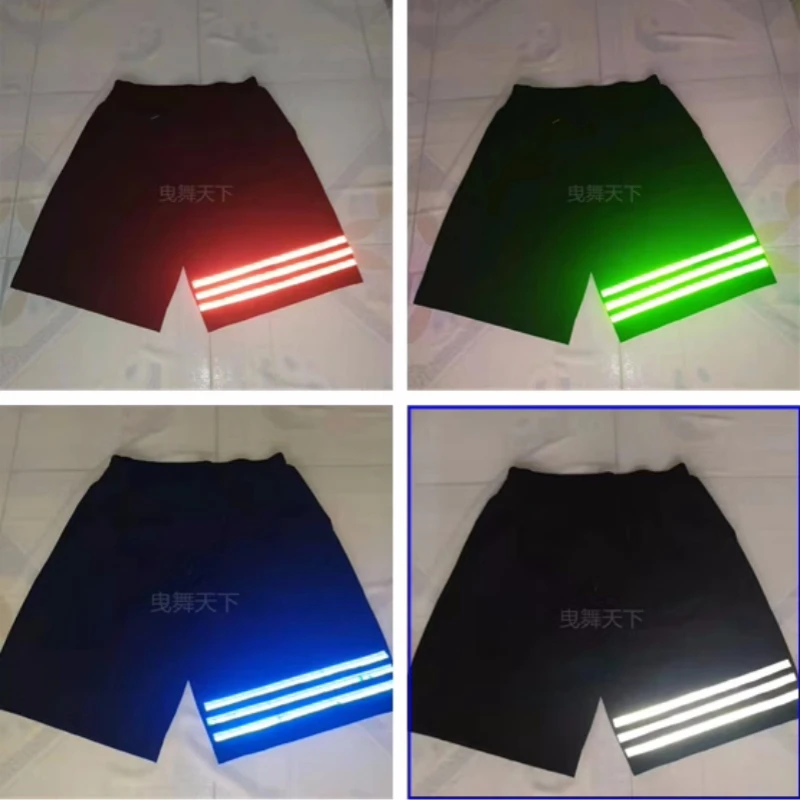 Unisex Three-bar Pattern Street Cool Night Vision Ghost Dance Short Pants Luminous Square Dancing Shorts Reflective Trousers