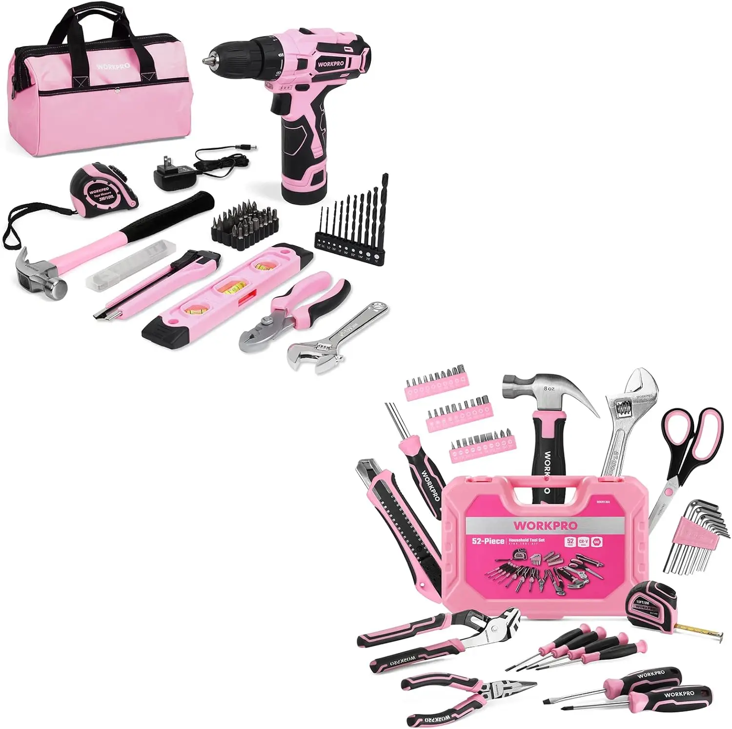 

12V Pink Cordless Drill Driver+52-Piece Pink Tools Set for Women