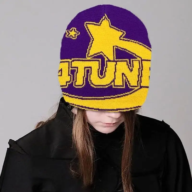 

39BD Subculture Windproof Beanie Hat Knit Jacquard Letter Hat for Adult Teens Cycling