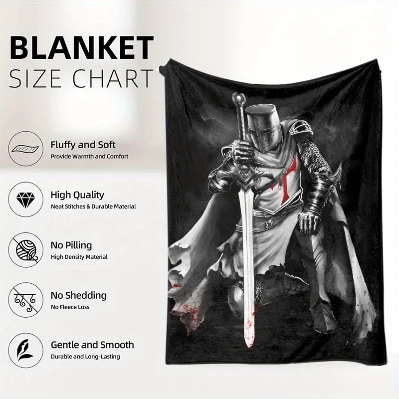 Customize Spanish Templar Knight Sword Print Flannel Blanket - Super Soft Polyester, Vintage Design with Red Cross on Armor, Ide