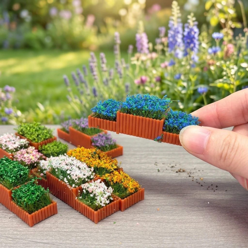 3Pcs Miniature Flower Beds Model Garden Landscape Ornaments,Random Color Colorful Micro Flower Pot with Fences for DIY Minihouse