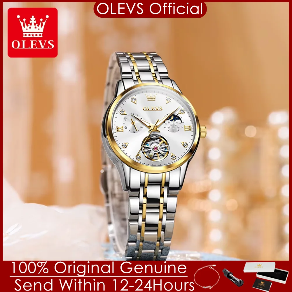 OLEVS Original Moonswatch for Women Automatic Mechanical Watch Skeleton Deisign Elegant Female Waterproof Clock Lady Wristwatch