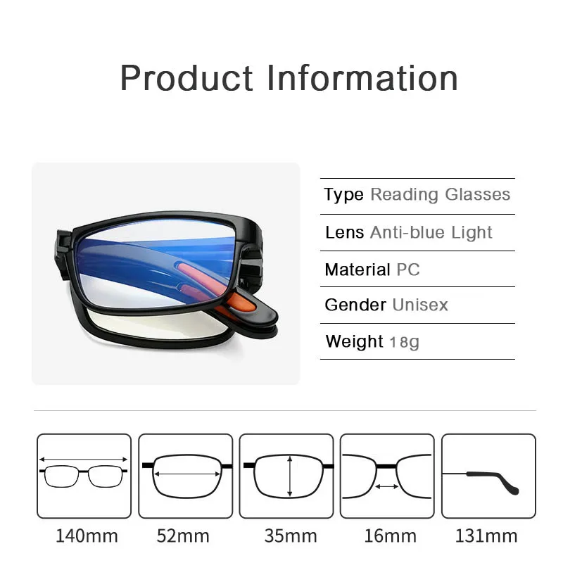 Foldable Reading Glasses With Box Anti-blue Light Women Men Portable Eyewear TR90 Farsight Eyewear Diopters +1.0 +1.5 To +4.0