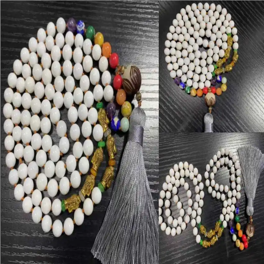 8mm 108 white Tridacna beads 7 chakra Brass Buddha knot Necklace Men Spiritual Seekers Yoga Tranquility Crystal Religious Choker