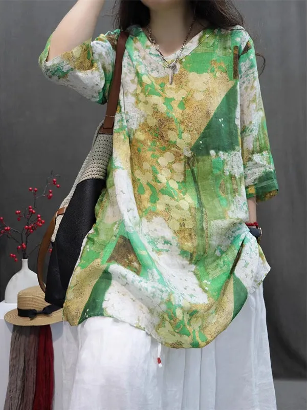 

Retro Flax Print Small V-Ne Loose Fit Overhead irt Summer 2025 Women's Busin Casual Sle Comfortable Versatile Top