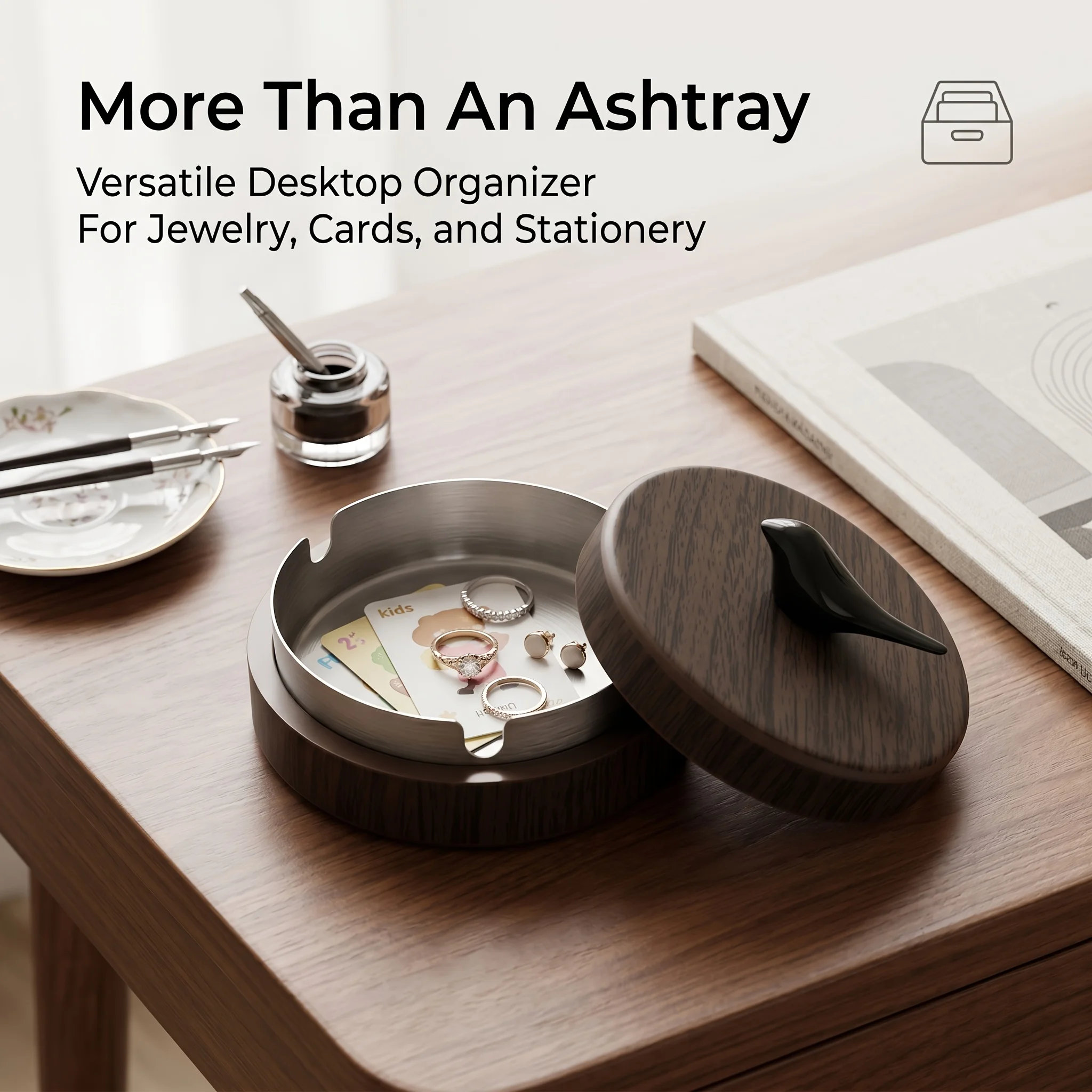 1-Piece Bird-Shaped Ashtray with Lid, Walnut Color, for Home Use in the Living Room, Stainless Steel Ashtray, Anti-Drop, Rust-Proof, Office Use, Prevents Ash from Flying