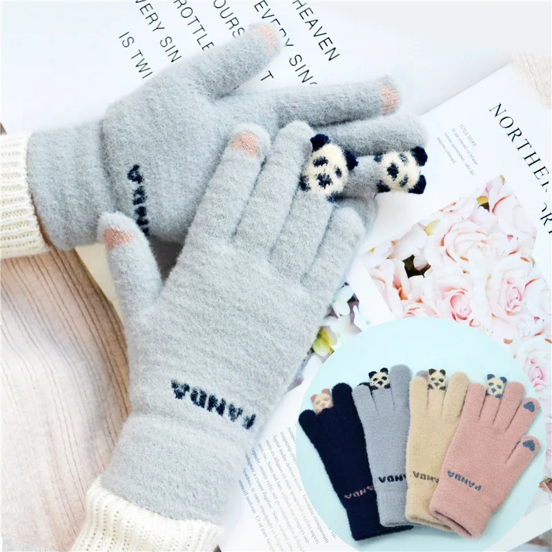 المرأة سبليت فنجر قفازات محبوك قفازات الكرتون أفخم مكافحة الباردة شاشة تعمل باللمس الأحمر الباندا نمط قفازات دافئة نمط جديد