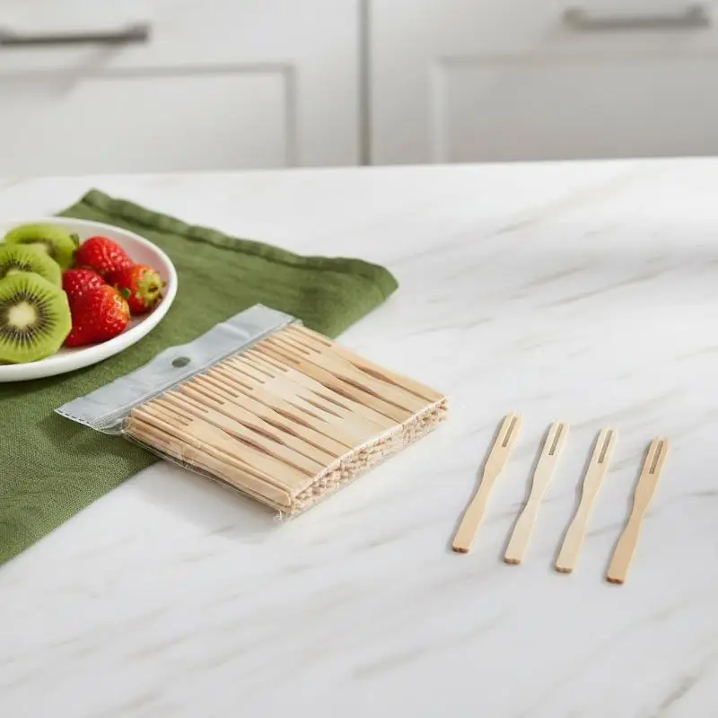 100Pcs Disposable Bamboo Fruit Forks Two Prong Food Safe Wooden Picks for Dessert Snack Home Party Catering