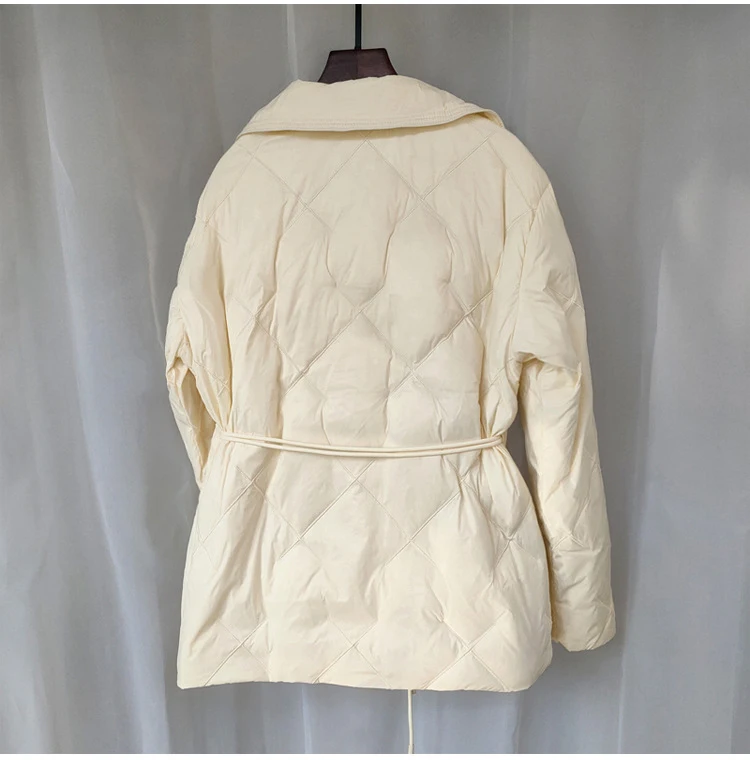 Schinteon Women White Duck Down Double Breasted Jacket Argyle Autumn Winter Outwear Office Lady Turn-down Collar Slim Coat 2026