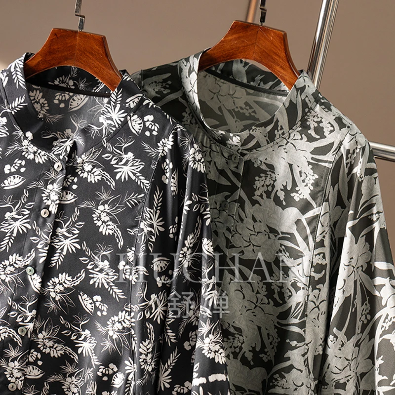 Twill Natural Silk Retro Printed Seven-quarter Sleeve Shirt Women 52A0 Blusas Femininas Elegantes Shirts for Women
