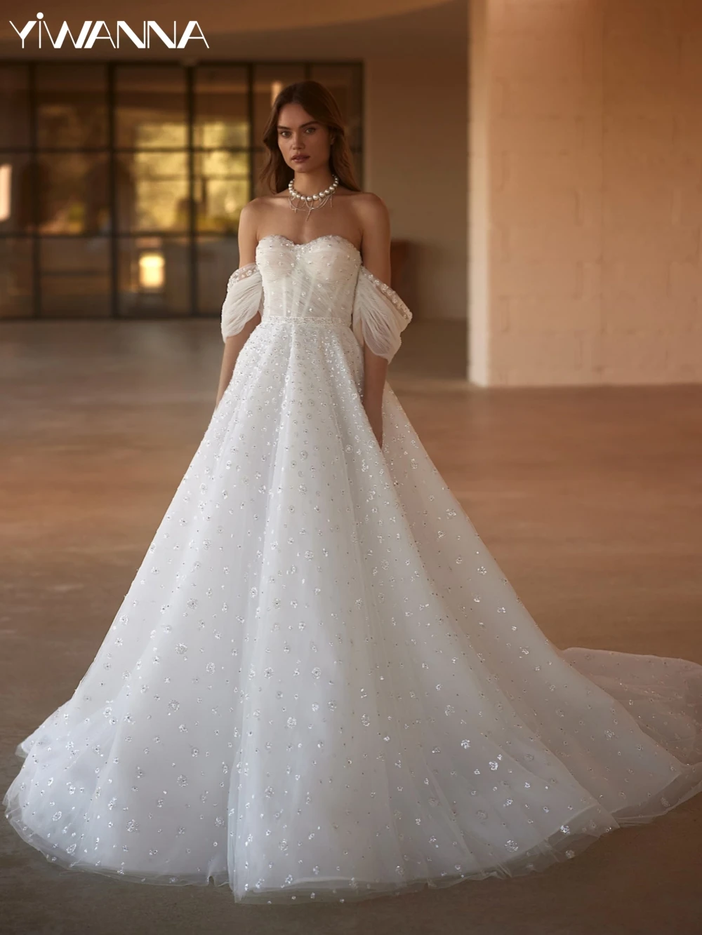 Glanzende Pailletten Van De Schouder Trouwjurk Romantische Liefje Hals Bruid Gewaad Elegant A-Lijn Lange Bruidsjurk Robe De Mariée