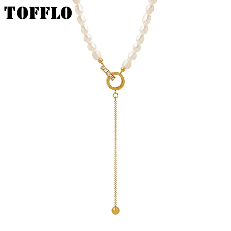 

TOFFLO Stainless Steel Jewelry Roman Numeral Zircon Double Ring Tassel Pearl Necklace Women Fashion Collarbone Chain BSP1340