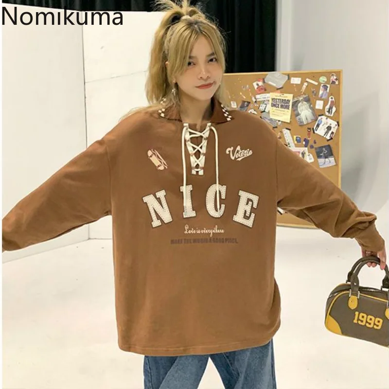 Nomikuma البلوز ربيع الخريف التباين اللون رسالة طباعة فضفاض الجمالية سوداديراس موضة Harajuku Preppy Y2k الشارع الشهير