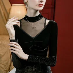 #4353 Black Velvet T Shirt Women Split Joint Mesh Hollow Out Sexy Skinny T Shirt Ladies Long Sleeve Women T-shirt Stand Collar