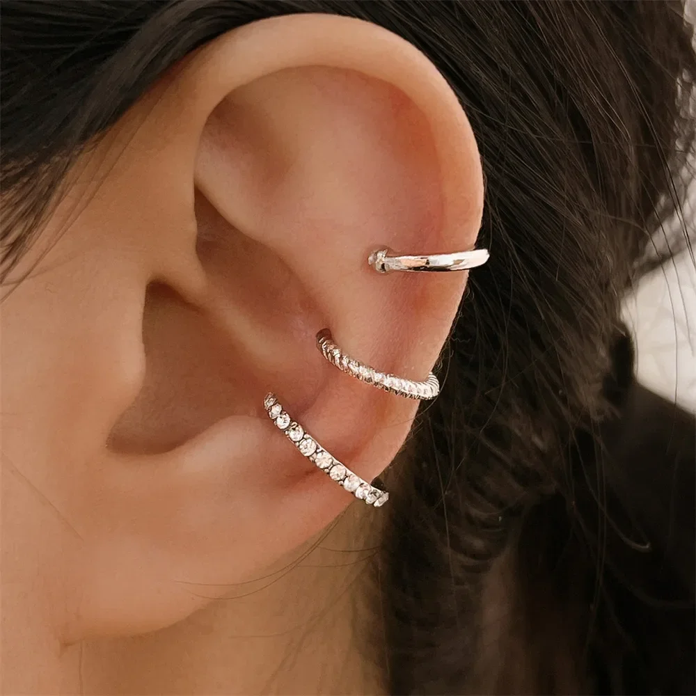 3PCS Vintage Simple Metal Crystal Ear Cuff for Women Teens Gold Color Non Piercing Fake Cartilage Clip Earrings Set Jewelry Gift image 3
