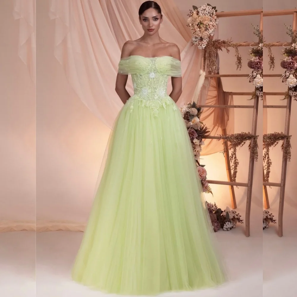 

Customized Modern Style Net Sequined Pleat A-line Off-the-shoulder Long Dresses Bespoke Occasion Elegant