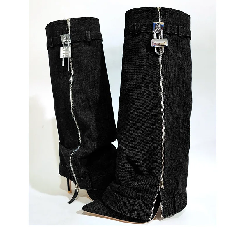 

Autumn Winter New Wash Denim Knee Lock Boots Women Street Style Side Long Zipper Slim Fit Jeans Boots Thin High Heels Size 43