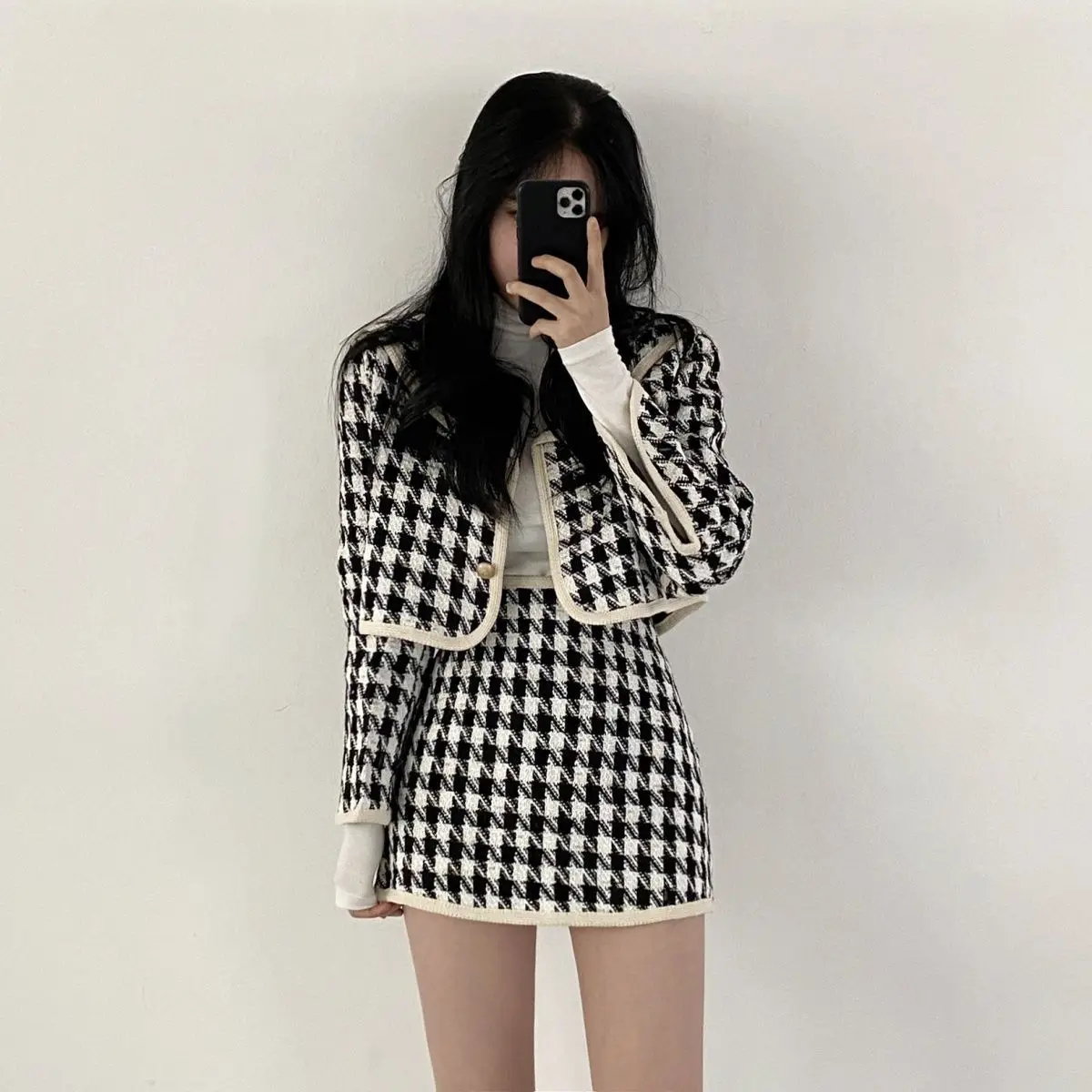 Houndstooth Two-piece Suit Female Temperament Buttons V-neck Long Sleeve Dress Sets Autumn Winter New Fashionable A-line Skirt