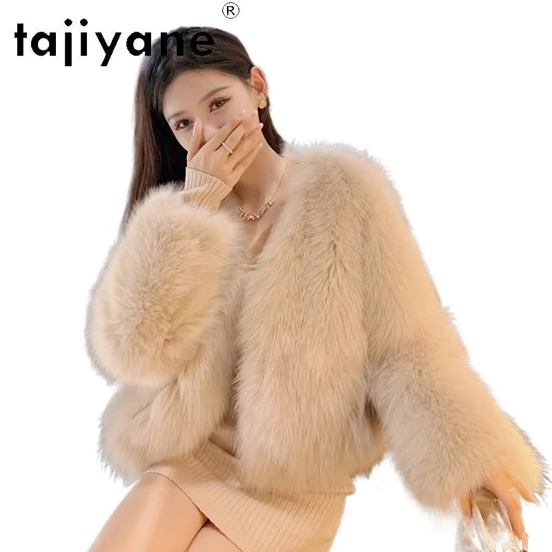 معطف فرو الثعلب الطبيعي 100% من TAJIYANE للنساء برقبة على شكل حرف v سترة من الفرو الحقيقي ملابس شتوية للسيدات 2025 سترات فروي فاخرة أربعة نسائية