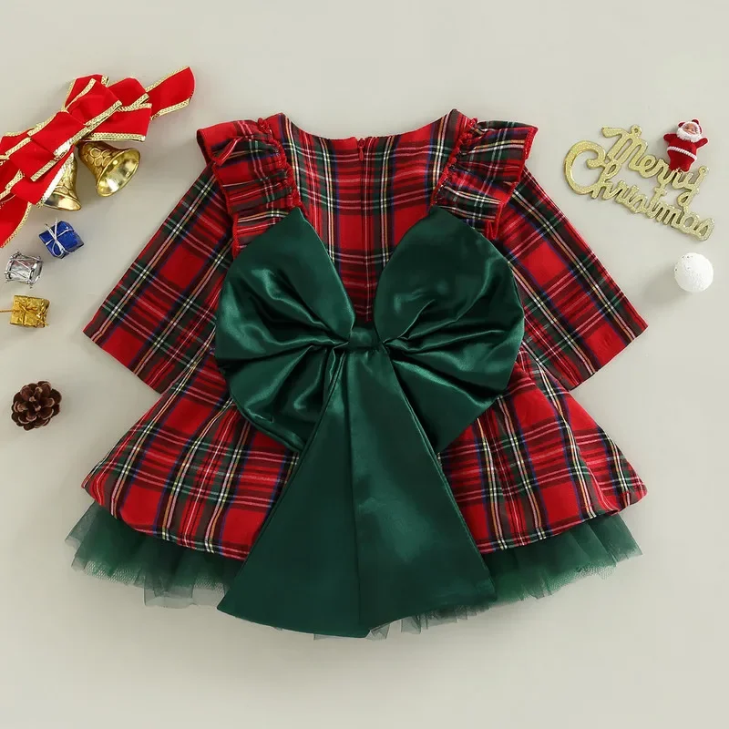 Toddler Baby Girl Christmas Dress Fall Winter Clothes Plaid Print Long Sleeve Round Neck Ruffled Tulle Patchwork A-Line Dress