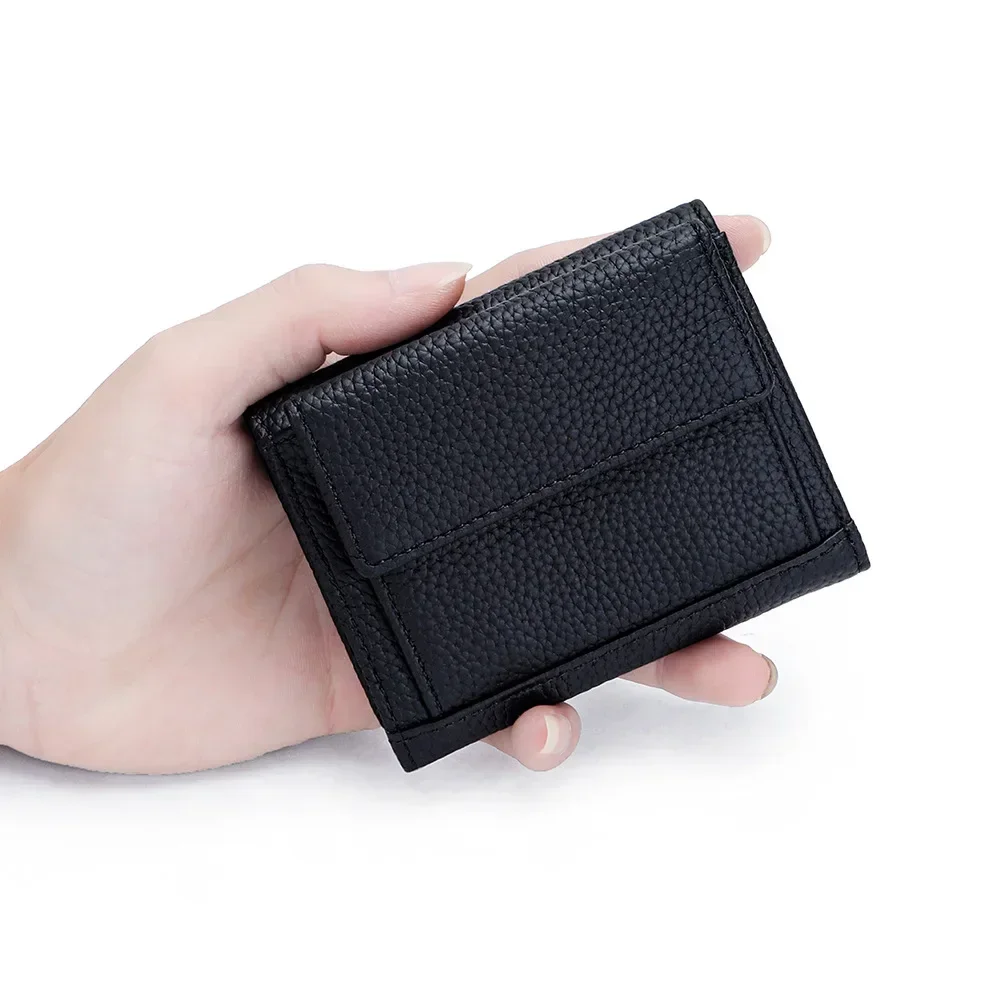 Three Fold Wallets Genuine Leather Multi Card Slot Wallet Portable Women's Buckle Small Wallet Purses