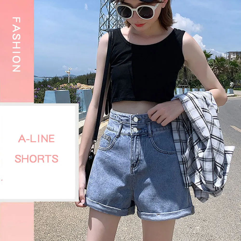 Frauen blau kurze Jeans Frau hohe Taille Streetwear Jeans Sommer Denim Shorts Frauen Dame Mädchen A-Linie weites Bein Shorts Hosen