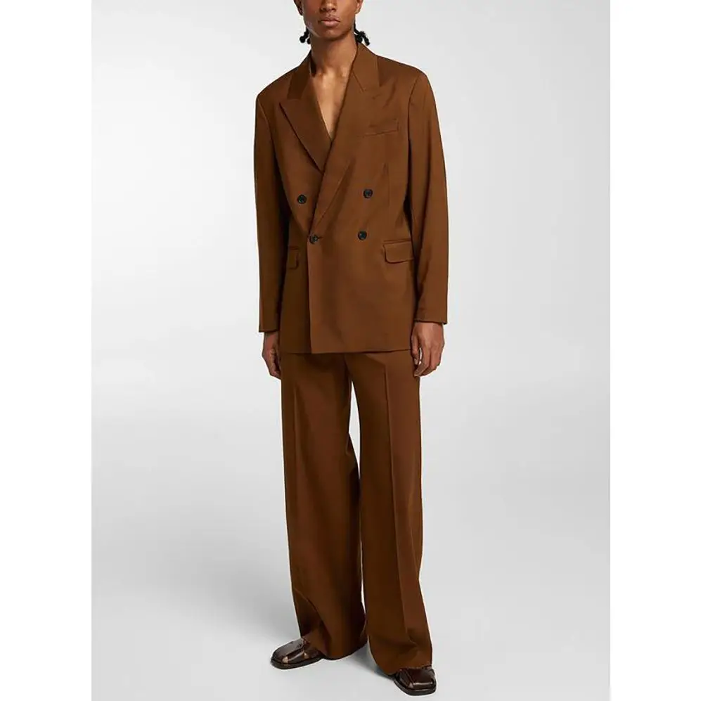 Tenues chics à double boutonnage marron pour hommes, tenue décontractée trempée, veste et pantalon à revers, ensemble de mariage, Rhde promo, 2 pièces