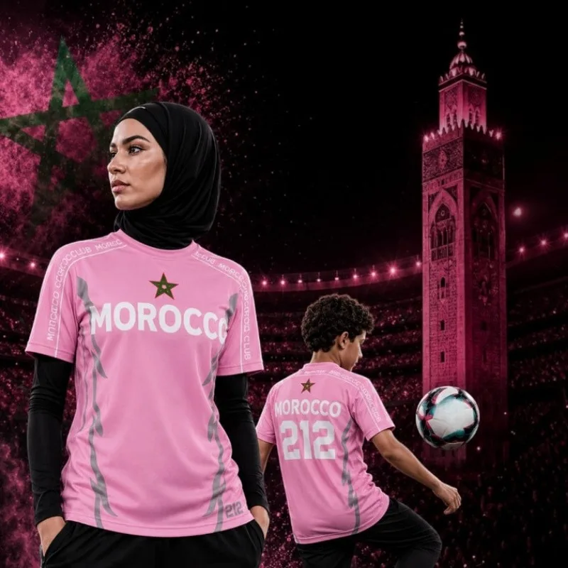 2026 New Morocco Patriotic-Themed Pink T-Shirt – Men's, Women's, and Kids' Sports Jersey / Outdoor Running Top (Family Matching)