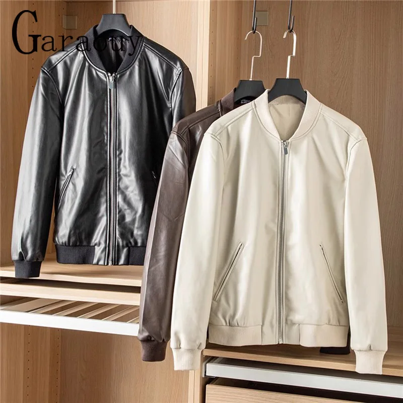 Garaouy 2023 Imitation Leather Simplicity Motorcycle Coats Cardigan Men\'s Clothes Autumn Casual Loose Bomber Jacket Zipper Male