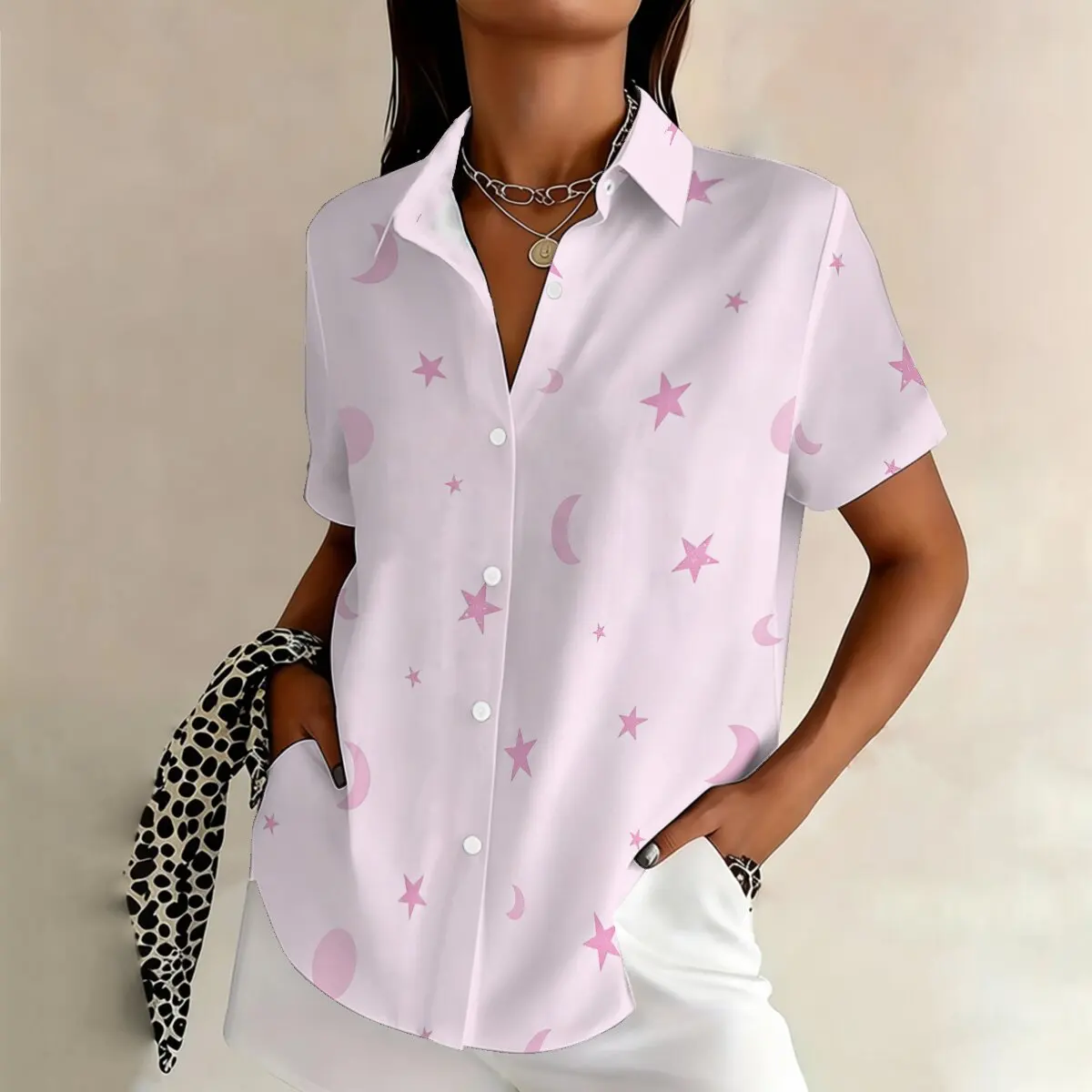 

Plus-size women's simple star and moon print shirt, loose and comfortable for everyday wear.