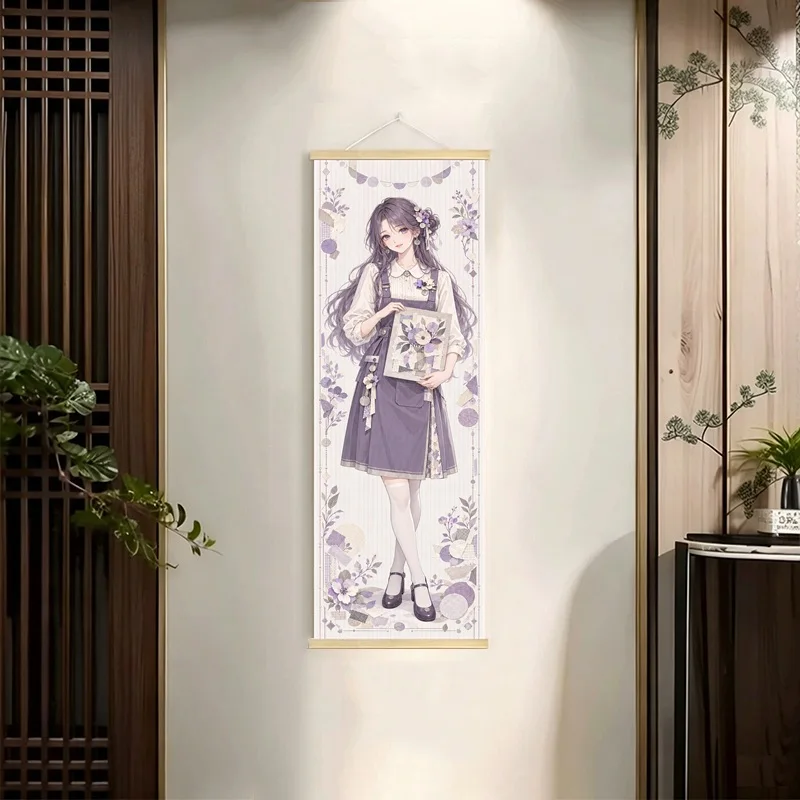 Anime Girls in Apron Dresses and a Navy Suit Hanging Scroll with Soft Floral Borders and Warm Colors for a Quiet Bedroom