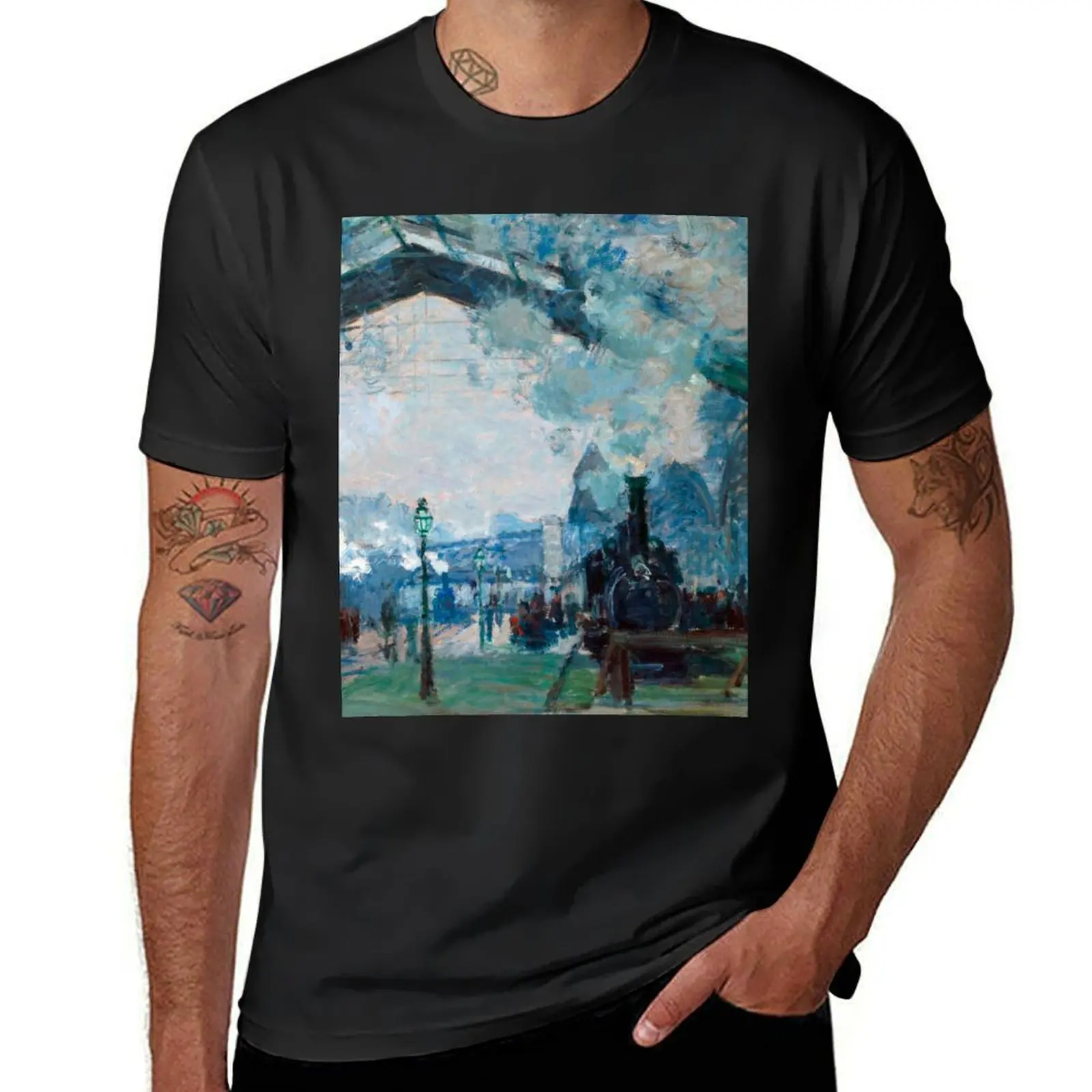 Camiseta masculina de verão 1877-Claude Monet-chegada do trem da Normandia, Paris Saint-Lazare-59 x 80, blanks, tops cabidos