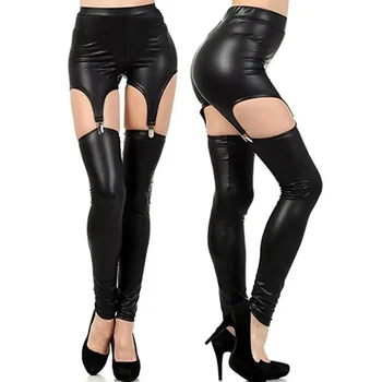Faux Leather Fashion Women Pants Leggings Tight Suspender Punk Buckle Waist Garter Overknee Stockings