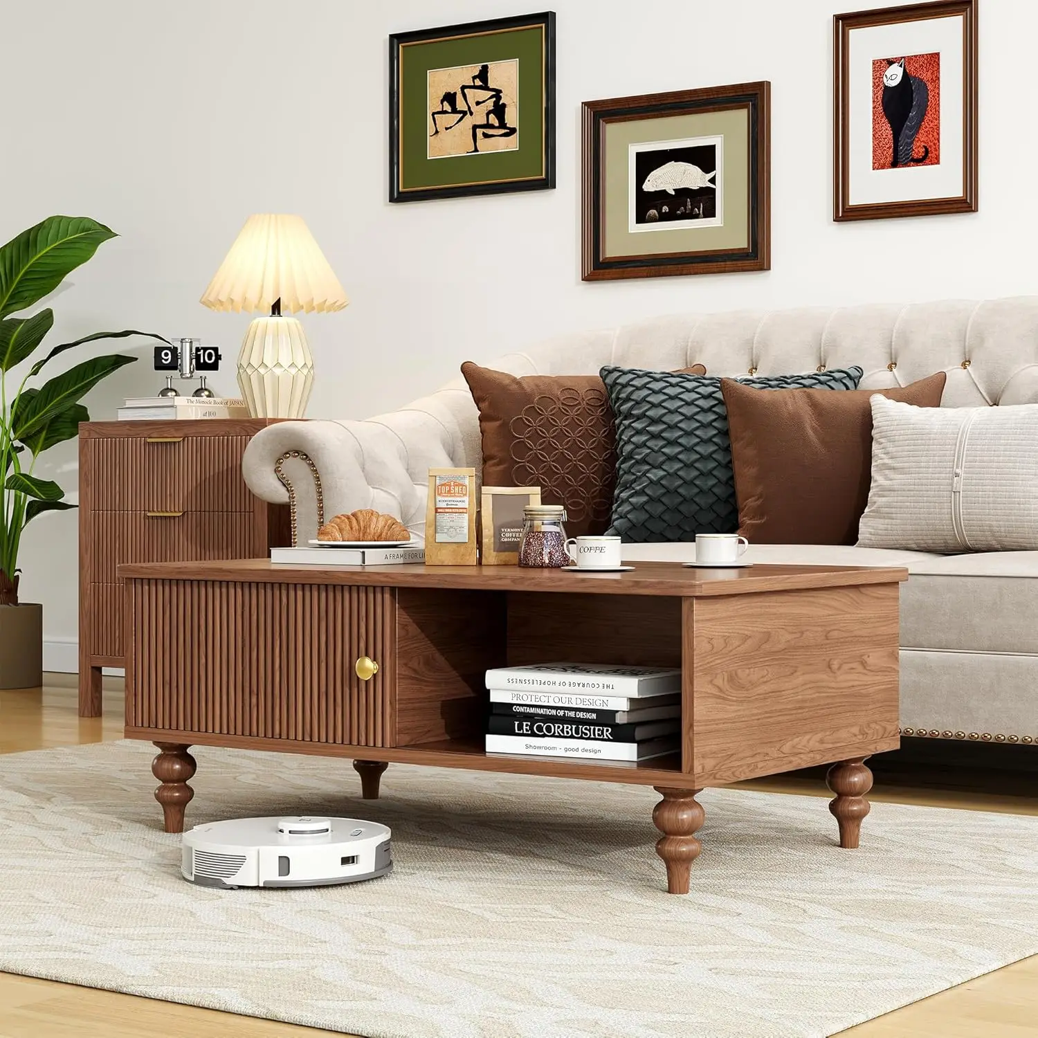 طاولة قهوة خشبية حديثة من منتصف القرن مع مساحة تخزين، وباب شرائحي، وأرجل خشبية صلبة، وطاولة قهوة قديمة مع رف مفتوح للمنزل #5