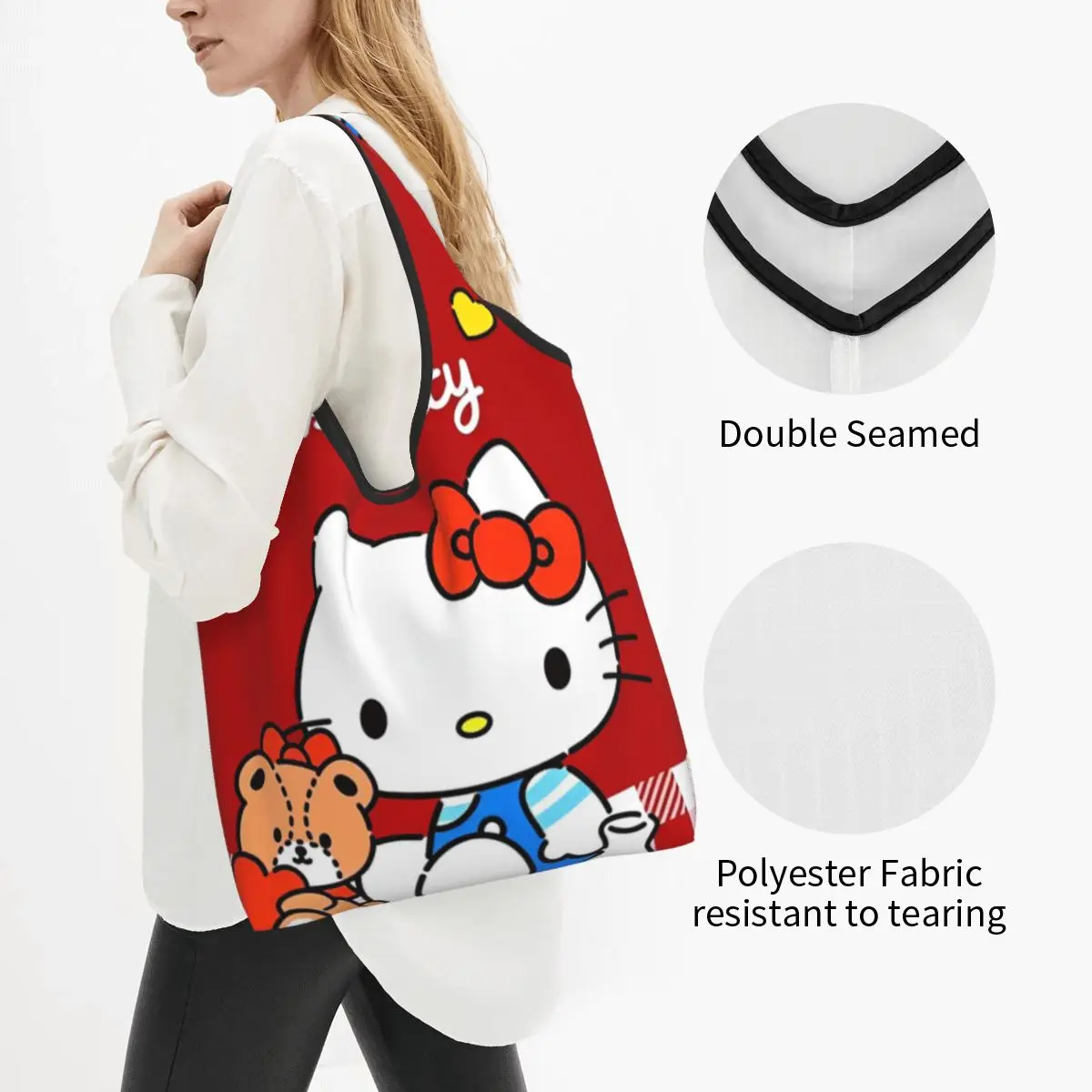 Cartoon Cute Hello Kitty Shopping Bag Foldable Grocery Eco Bags Large Capacity HelloKitty Recycling Bags Washable Handbag