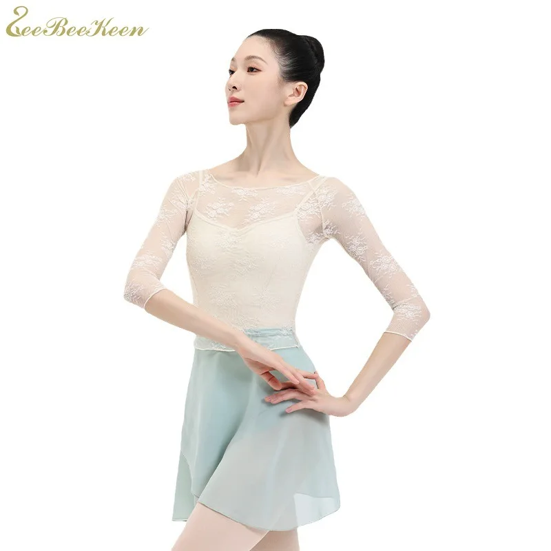 Half sleeves embroidery ballet leotard for girls blue/white ballet dance top ballerina women practice clothes mesh ballet coat