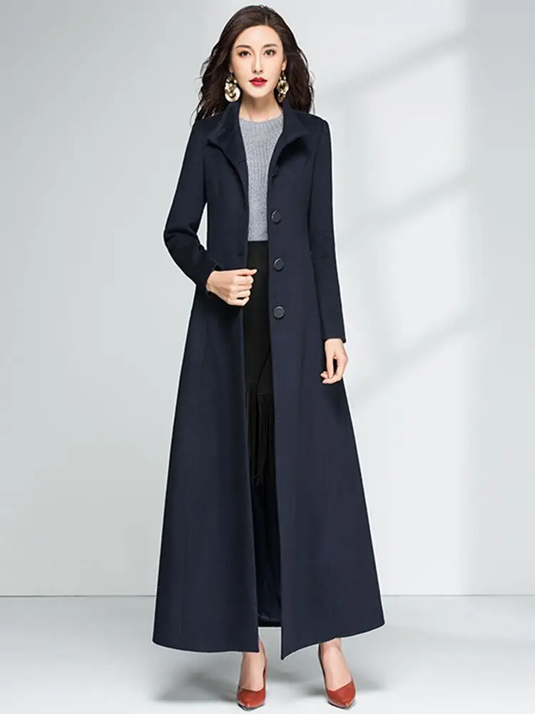 New Women Woolen Coat Autumn Winter Elegant Fashion Stand Collar Thicken Warm Overlength Wool Blends Outerwear Slim Overcoat
