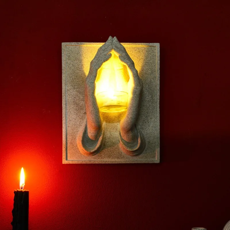 Modern Minimalist Praying Hands Wall Mounted Candle Holder, Resin Wall Sconce, Creative Wall Art Decor for Home